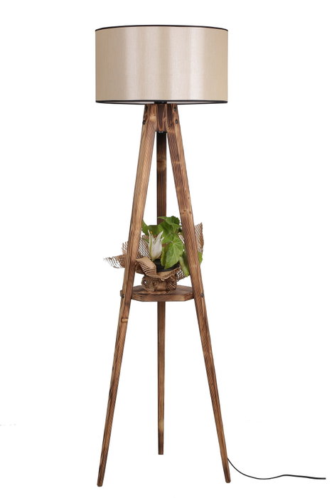 Opviq Lámpara de Pie de Madera con Estante y Pantalla de Tela Marrón Opviq Lámpara de Pie de Madera con Estante y Pantalla de Tela Marrón